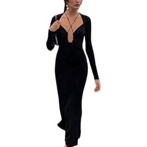 Jason Wu Black Plunge Neck Maxi Dress Medium Long Sleeve Keyhole Evening Gown